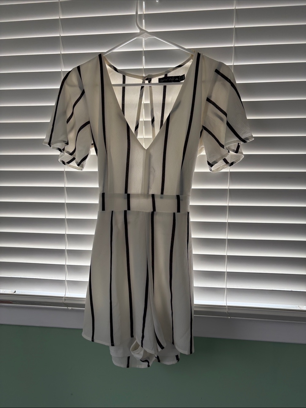 White Vertical-Stripe V-Neck Women’s Romper